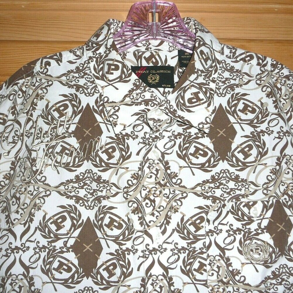 PHAT FARM Mens Vintage 90s Collared Shirt Sz 2XL  White/Brown/Gold